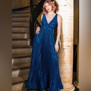 RENE RUIZ  COLLECTION METALLIC COBALT BLUE PLEATED SKIRT BELTED MAXI GOWN SZ 6